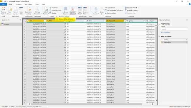 Power BI editor with column selection