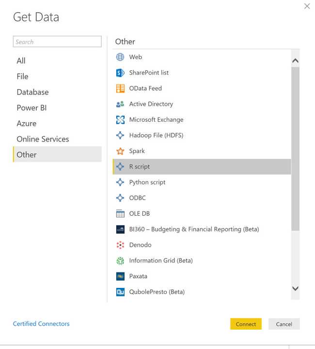 Power BI Get Data menu